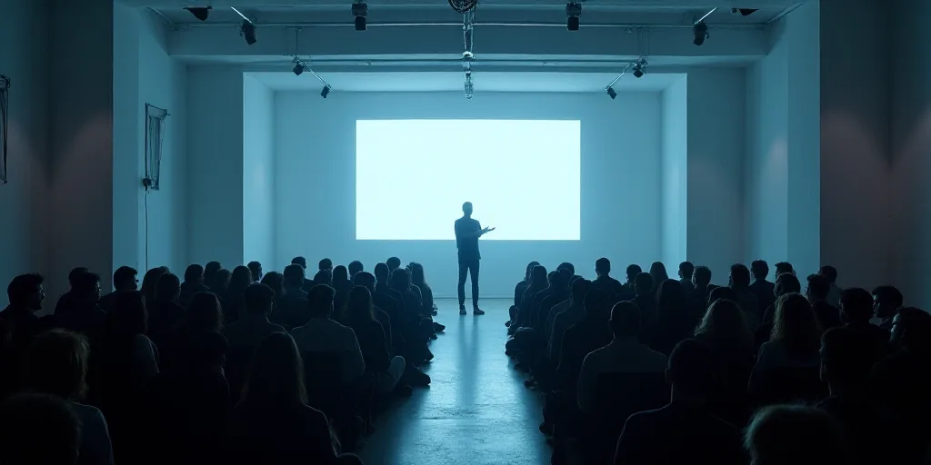 a group of people sitting in front of a stage with a screen on it and a man standing at the front of
