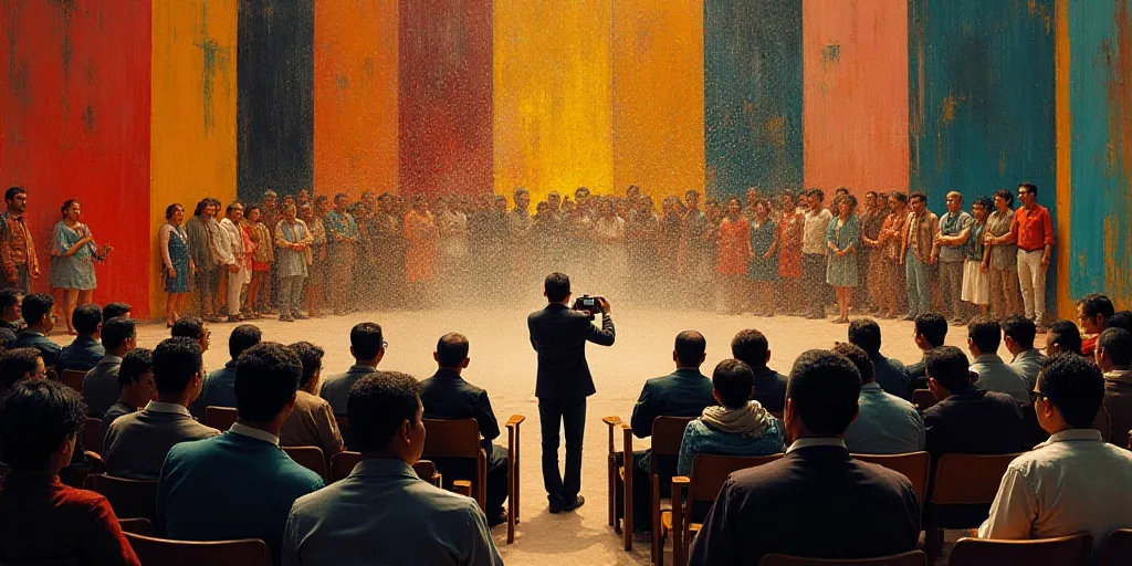 a group of people sitting in front of a crowd of people on stage with a man taking a picture, David