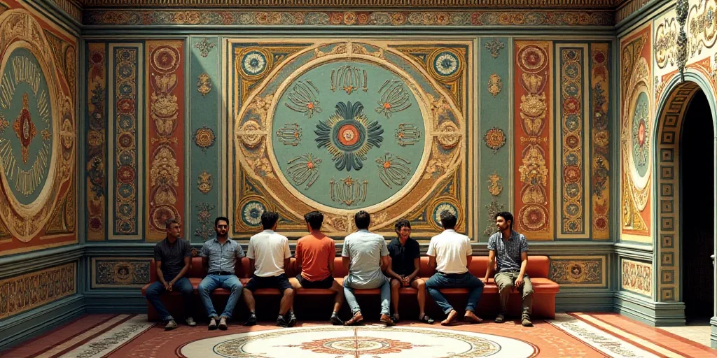 a group of people sitting on a bench in a room with a wall covered in intricately designed tiles, Ar