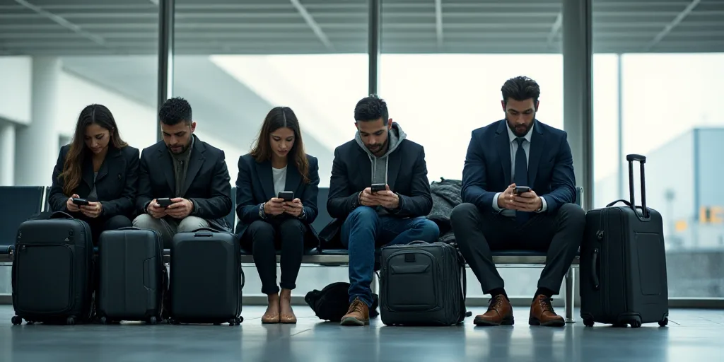 a group of people sitting on a bench with luggage and cell phones in their hands and a man on his ce