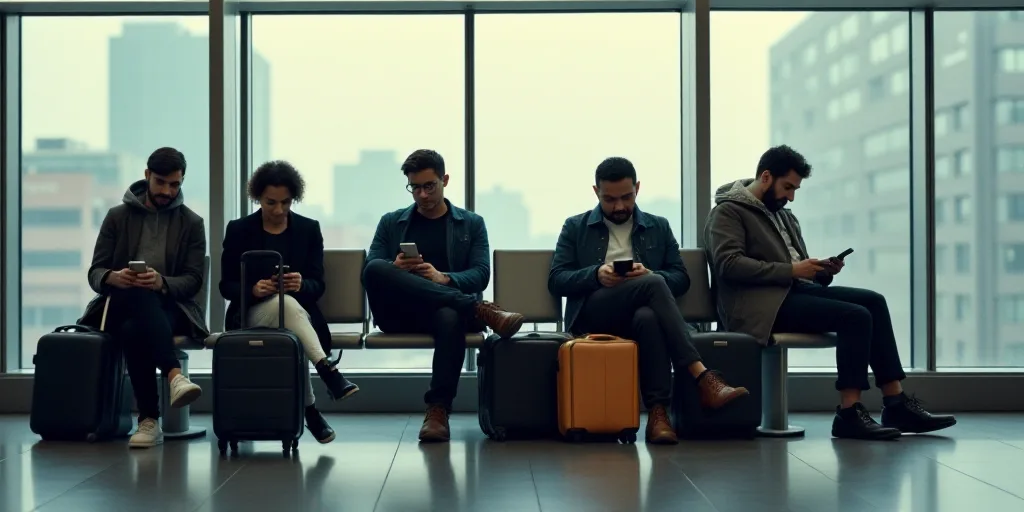 a group of people sitting on a bench with luggage and cell phones in their hands and a man on his ce