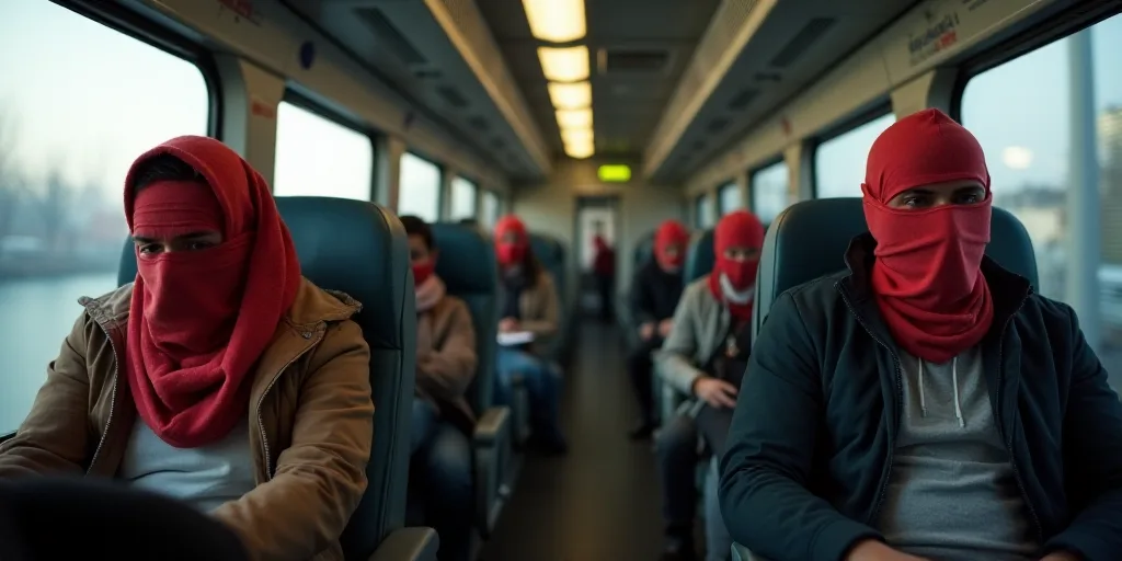 a group of people sitting on a train next to each other on seats with a covering over their faces, C