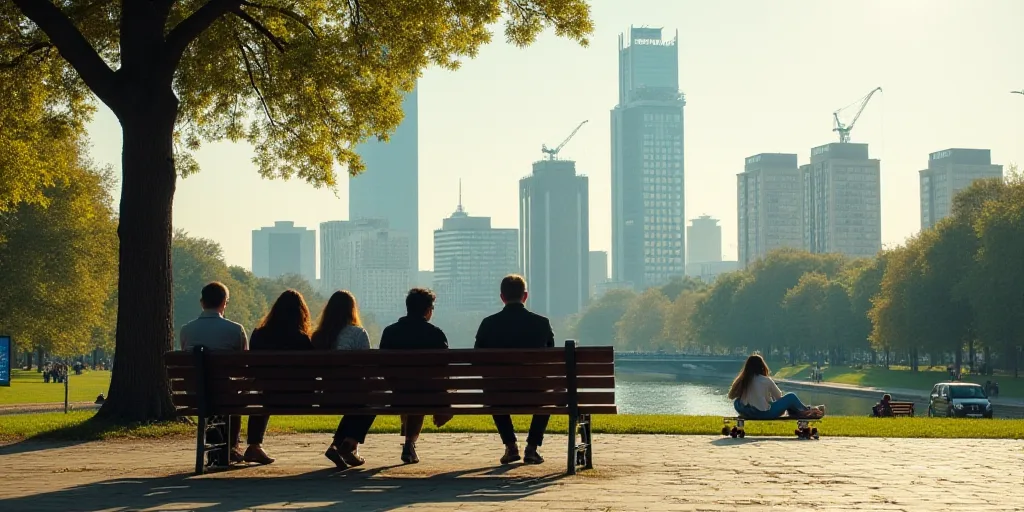 a group of people sitting on a bench in a city park with tall buildings in the background and a skat
