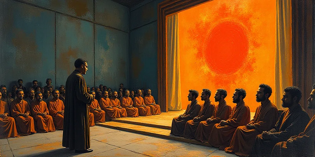 a group of people sitting on a stage with a man standing at the front of the room giving a speech, D