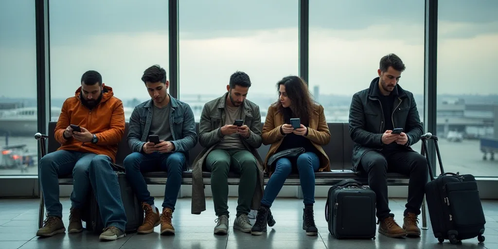 a group of people sitting on a bench with luggage and cell phones in their hands and a man on his ce