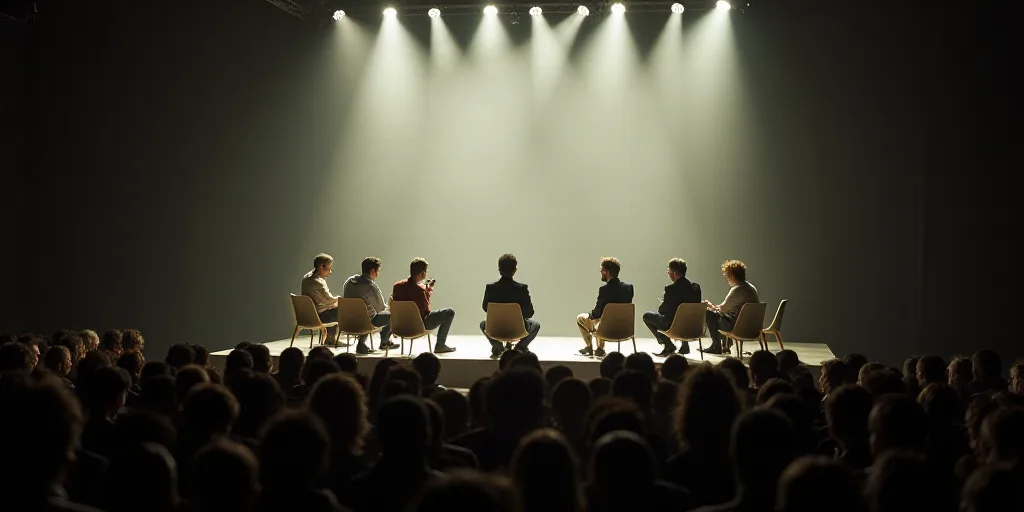 a group of people sitting on a stage in front of a crowd of people watching a man on a stage, Eduard