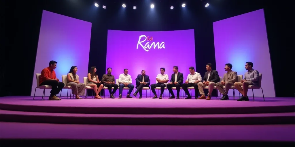 a group of people sitting on chairs on a stage with a purple carpet and a purple backdrop with a sig
