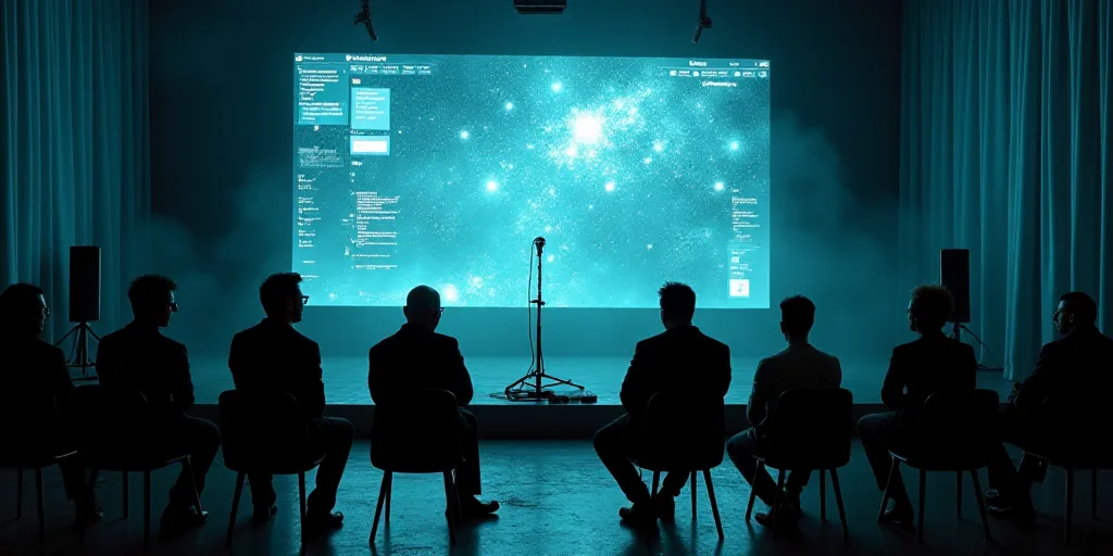 a group of people sitting on chairs in front of a stage with a microphone and speakers on it and a s