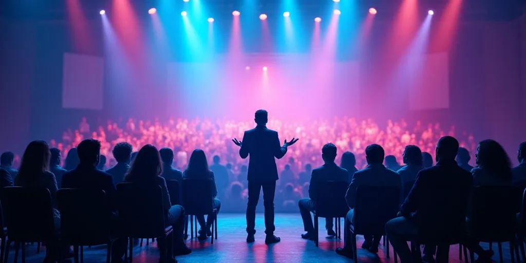 a group of people sitting on chairs in front of a crowd of people on a stage with a man speaking, Ar