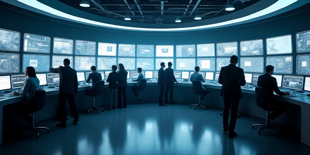 a group of people standing around a counter with lots of monitors on it's walls and a man walking by