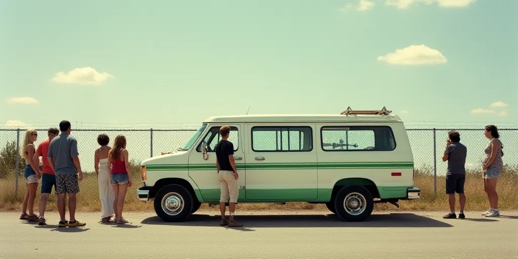 a group of people standing around a white van and a white van with green stripes on it and a fence,