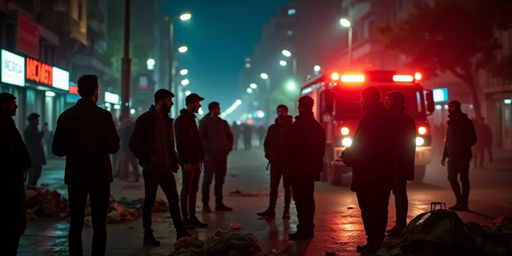 a group of people standing around a pile of junk in a city street at night with a fire truck in the