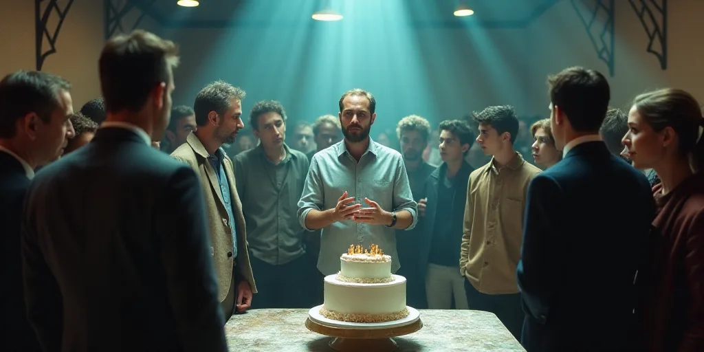 a group of people standing around a table with a cake on it and a man giving a speech to the crowd,