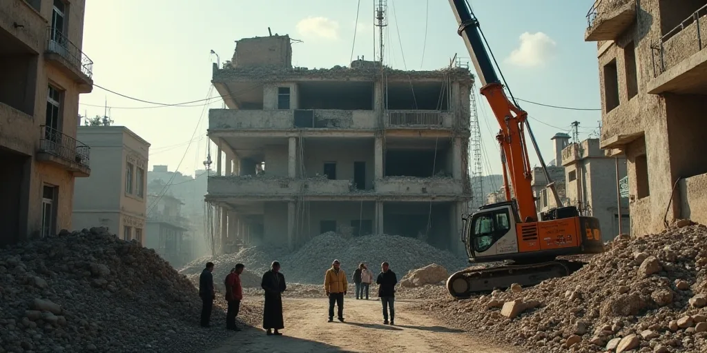 a group of people standing around a building that has been demolished and is being worked on by a cr