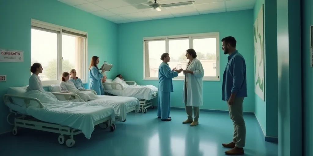 a group of people standing around a hospital room with beds in it and a sign that says gigante de la