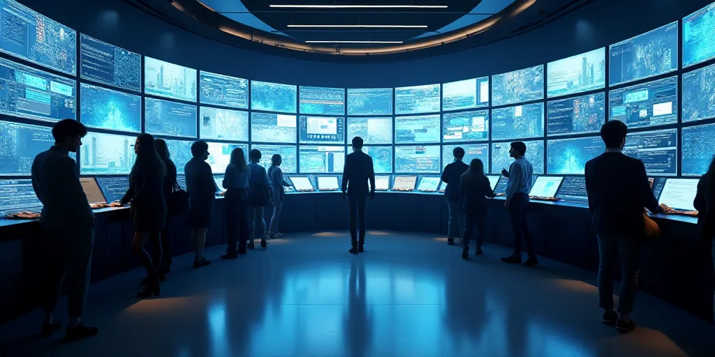 a group of people standing around a counter with lots of monitors on it's walls and a man walking by