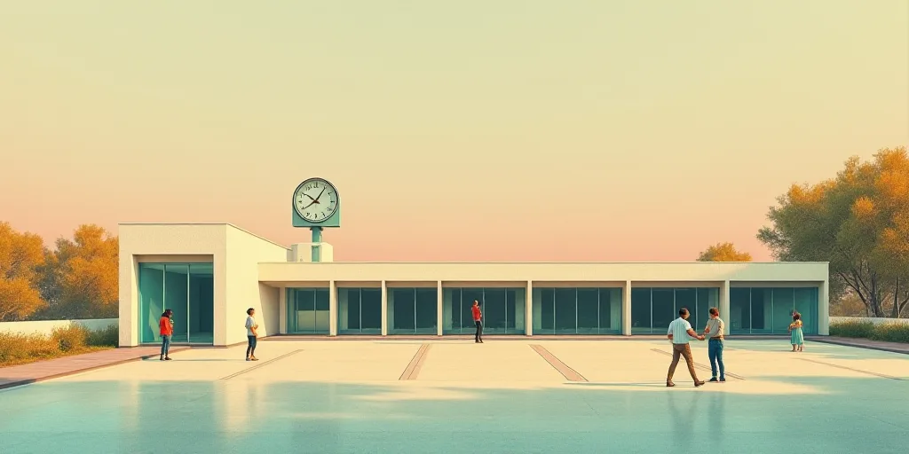 a group of people standing around a parking lot next to a building with a clock tower on top of it,