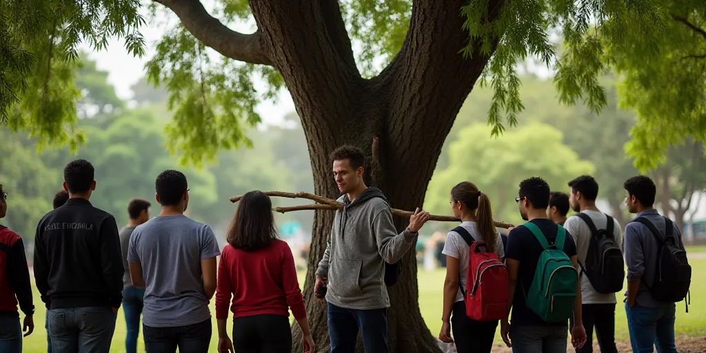 a group of people standing around a tree with a man holding a tree branch in the middle of the pictu