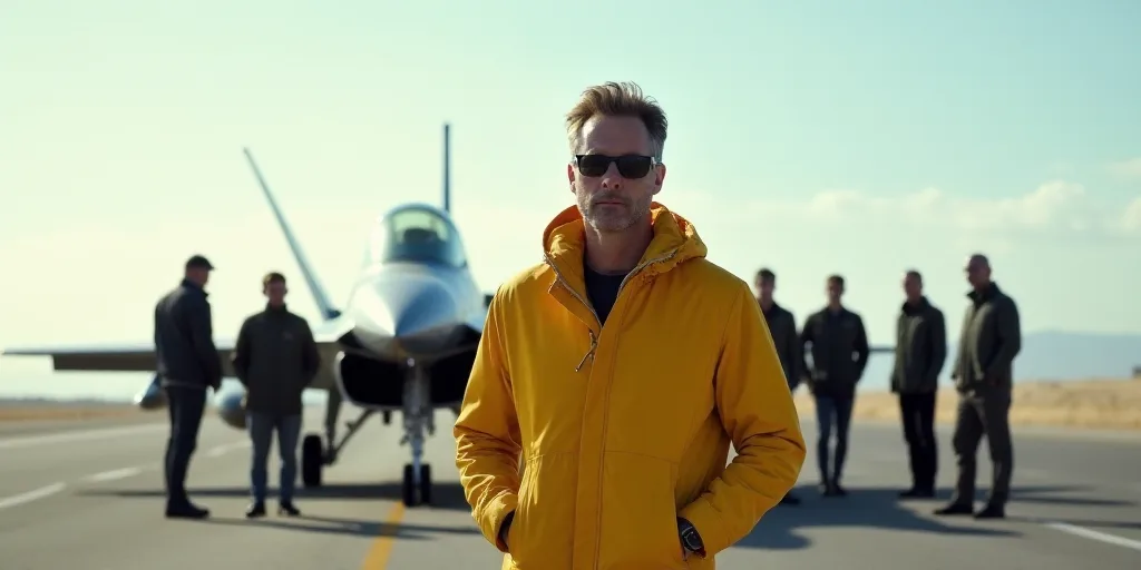 a group of people standing around a jet on a runway with a jet fighter in the background and a man i