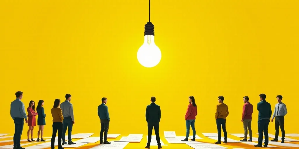 a group of people standing around a yellow background with papers and a light bulb hanging from the