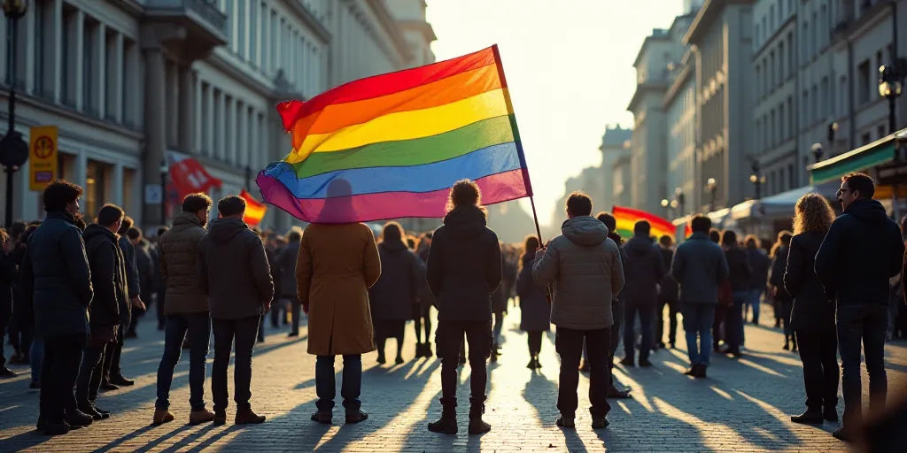 a group of people standing around a rainbow colored flag on a street corner with people standing aro