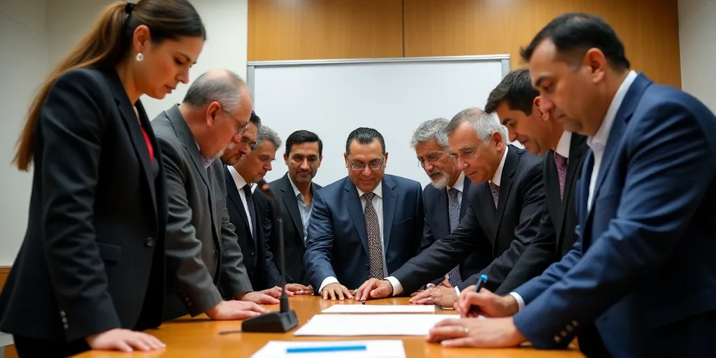 a group of people standing around a table signing a document with a microphone in front of them and