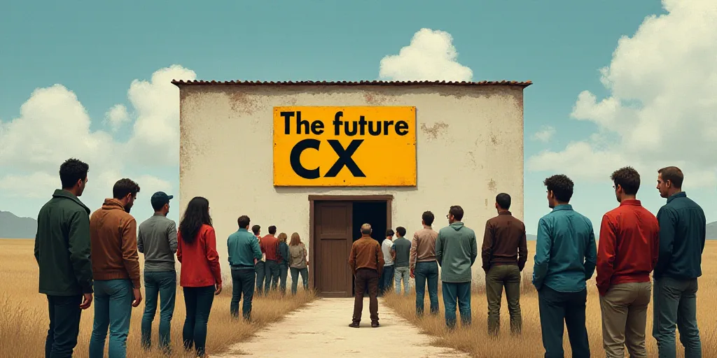 a group of people standing around a building with a sign on it that says the future of cx, Alexander