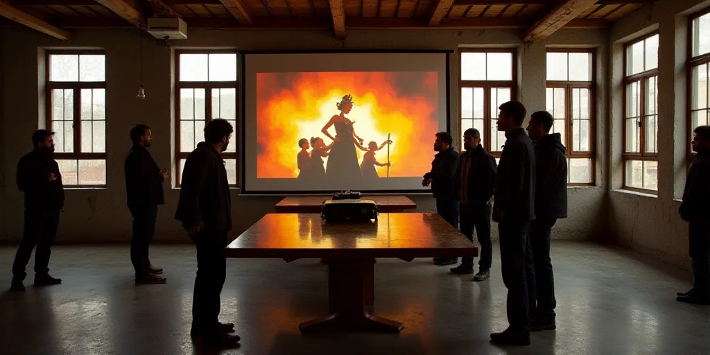 a group of people standing around a table with a projector screen on it in a building with a lot of