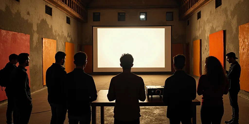 a group of people standing around a table with a projector screen on it in a building with a lot of