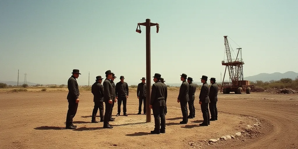 a group of people standing around a metal pole in the dirt and dirt field with a crane in the backgr