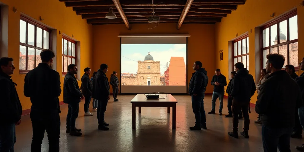 a group of people standing around a table with a projector screen on it in a building with a lot of
