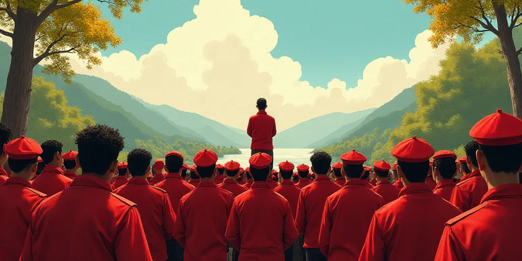 a group of people standing around a podium in front of a crowd of people in red jackets and hats, Ca