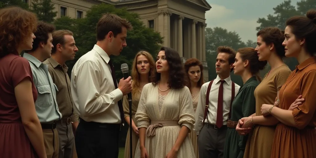 a group of people standing around each other in front of a building with a microphone in their hand