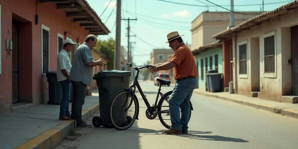 a group of people standing around a trash can on the side of a road with a bicycle leaning against i