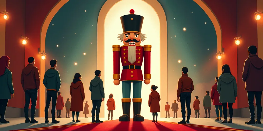 a group of people standing around a giant nutcracker in a building with a red roof and a red carpet,