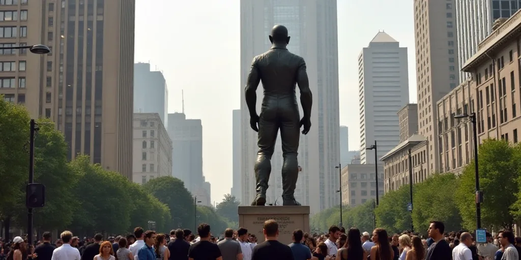 a group of people standing around a statue in a city square with tall buildings in the background an