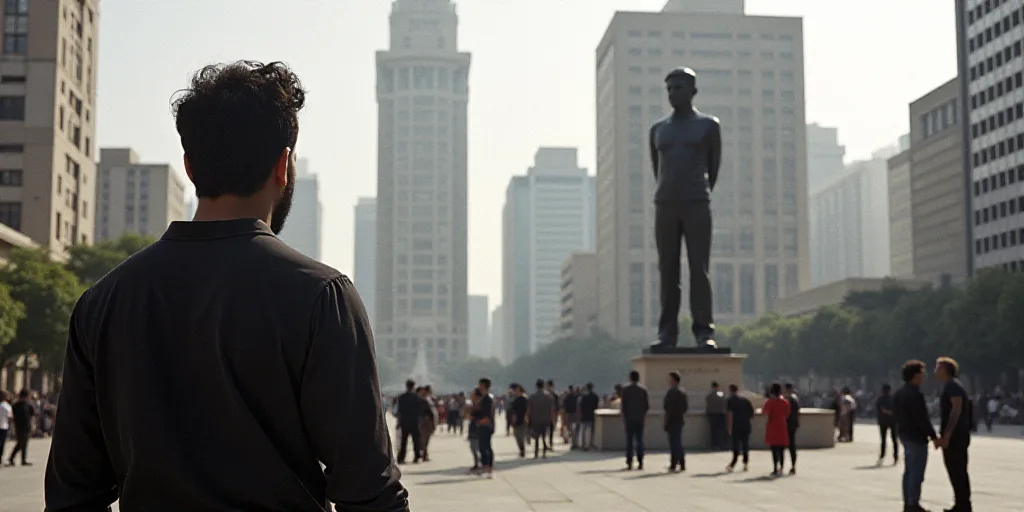 a group of people standing around a statue in a city square with tall buildings in the background an