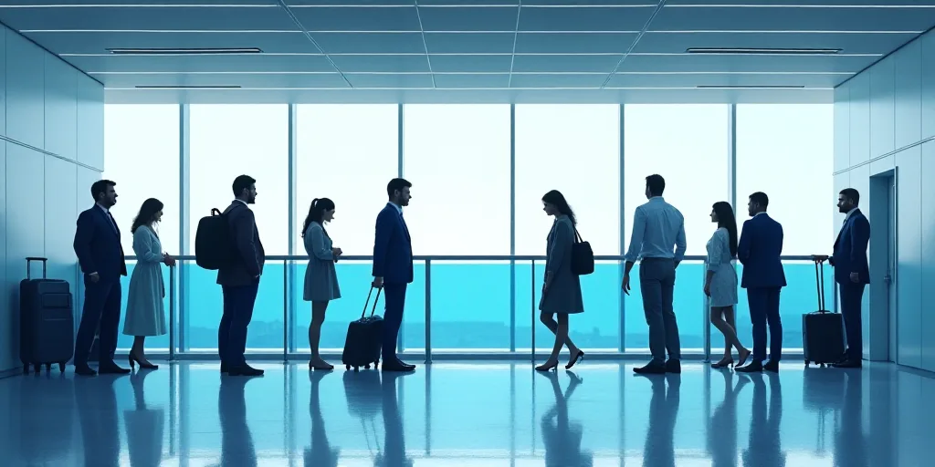a group of people standing around a blue barrier in an airport lobby with a man walking by them and
