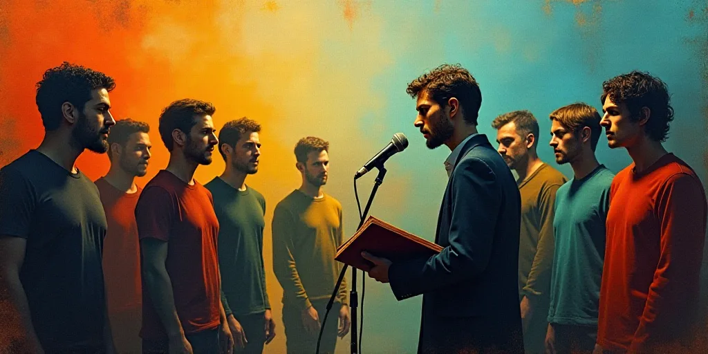 a group of people standing around a microphone and a man holding a book in front of them with a micr