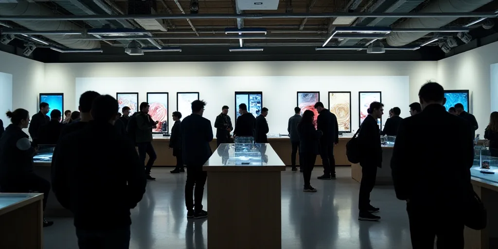 a group of people standing around a store looking at cell phones and electronics on display in a sto