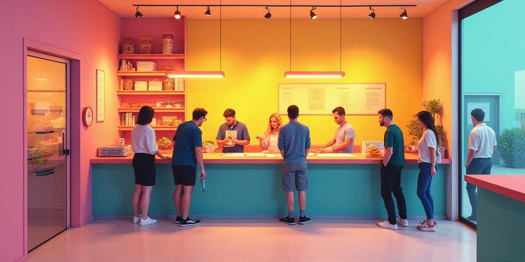 a group of people standing around a counter in a store with food on it and a sign on the wall, Altic