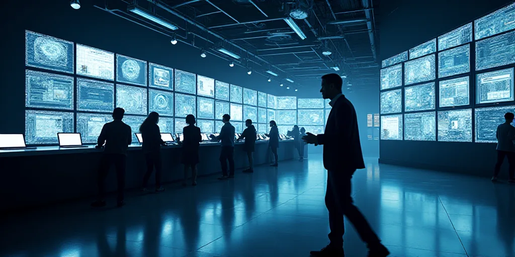 a group of people standing around a counter with lots of monitors on it's walls and a man walking by