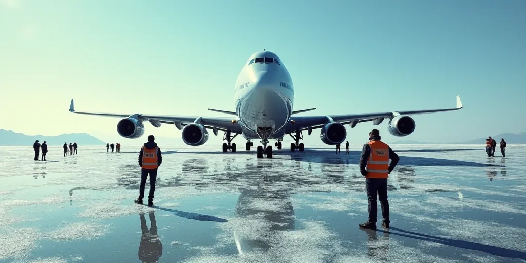 a group of people standing around a large airplane on a runway with a man in a vest on the ground, E