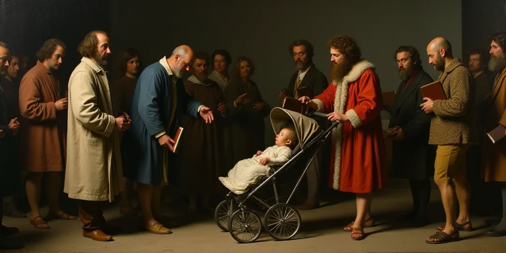 a group of people standing around a baby in a stroller and a man holding a book in his hand, Araceli