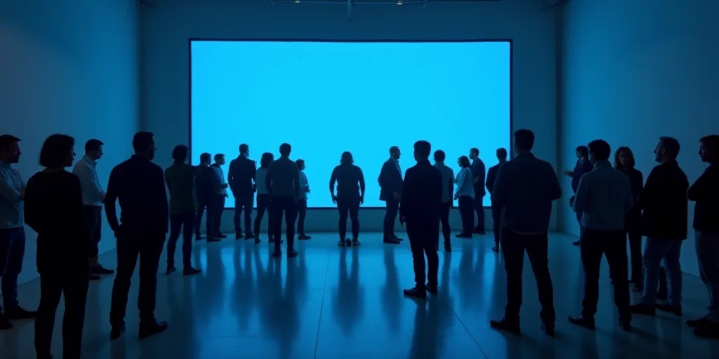a group of people standing around a blue sign in a room with a screen on it's wall, Araceli Gilbert,