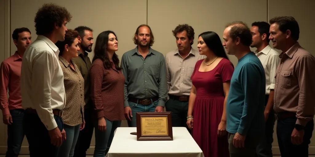 a group of people standing around a table with a plaque in front of them on a table with a white tab