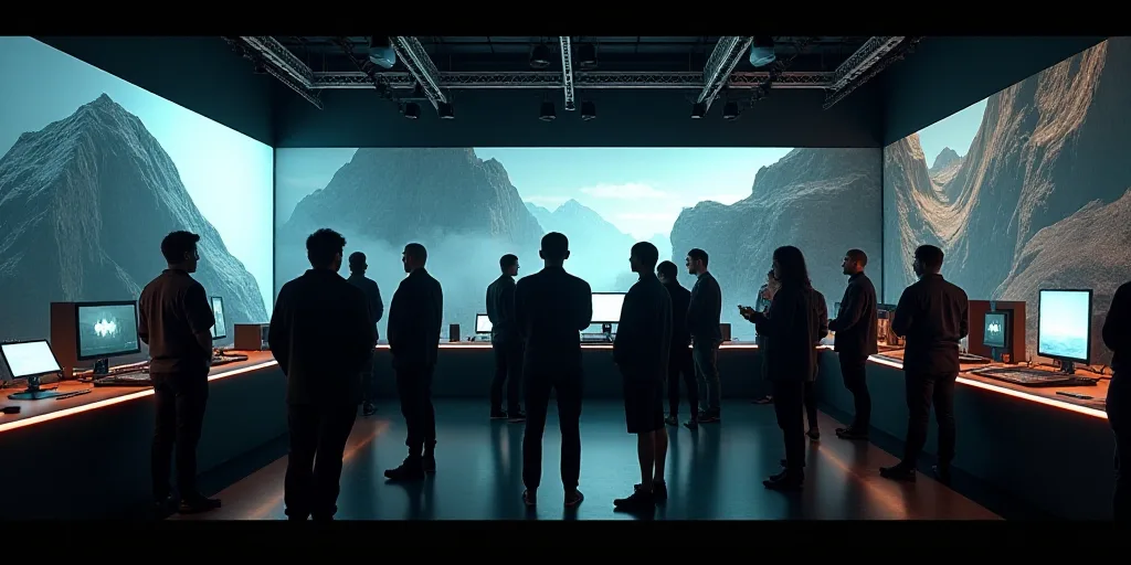a group of people standing around a display of electronics and electronics equipment in a room with