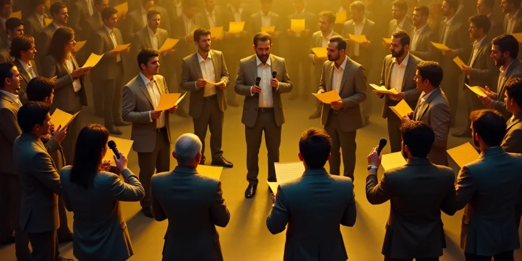 a group of people standing around each other holding yellow papers and microphones in their hands an