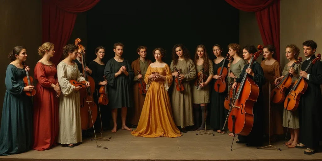a group of people standing around each other with instruments in front of them and a stage behind th
