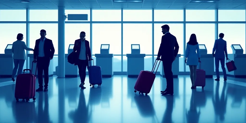 a group of people standing around a terminal with luggage bags and check in counters in the backgrou